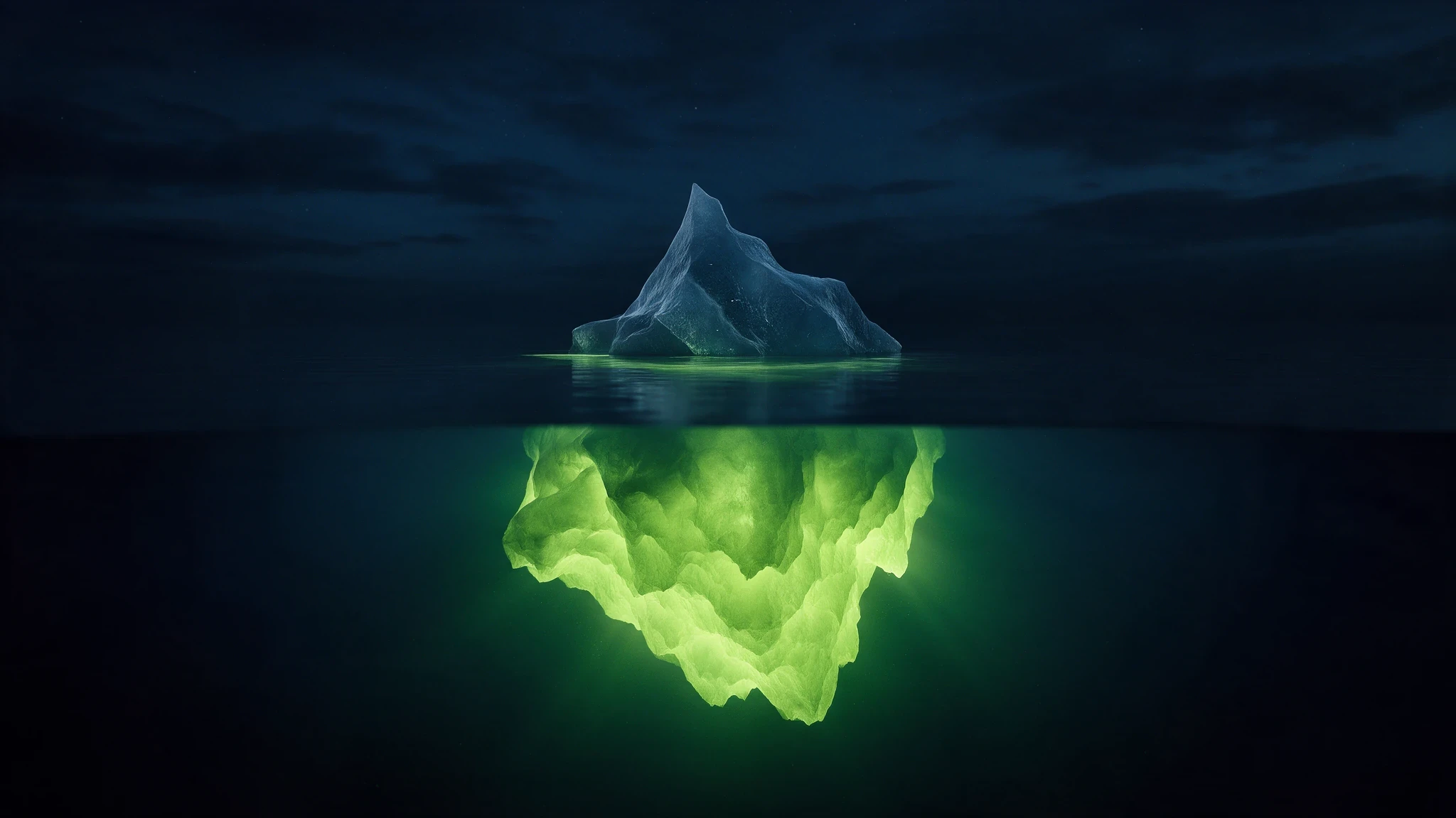 Iceberg at night, small tip above dark water, vast green-lit mass beneath