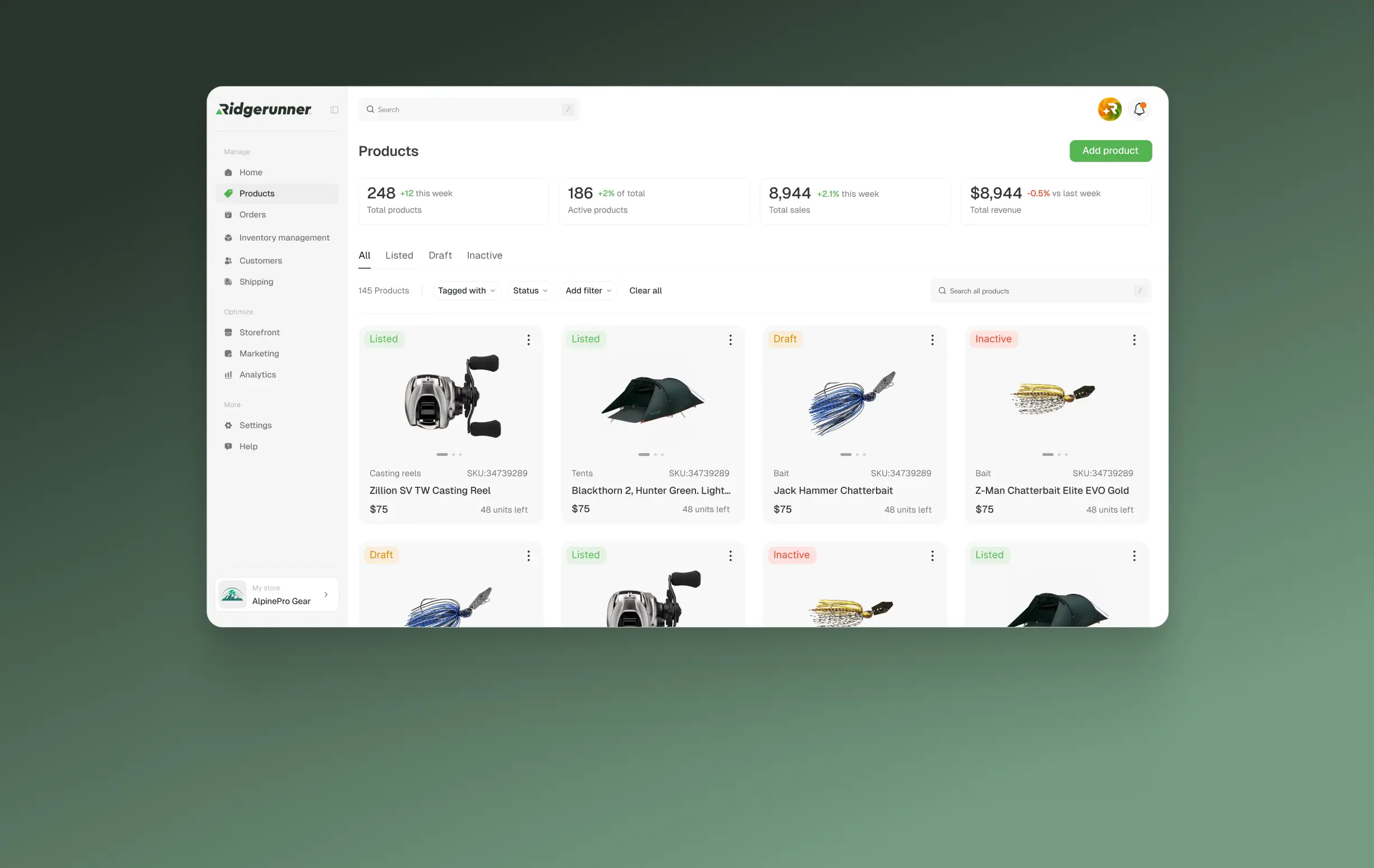 An interface showing fishing product to buy on a marketplace.