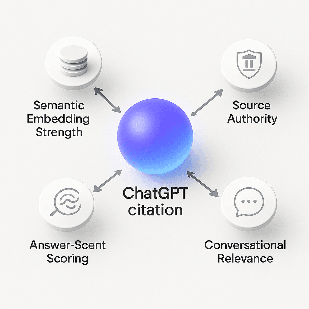 Circular diagram illustrating four ranking factors converging into ChatGPT citation