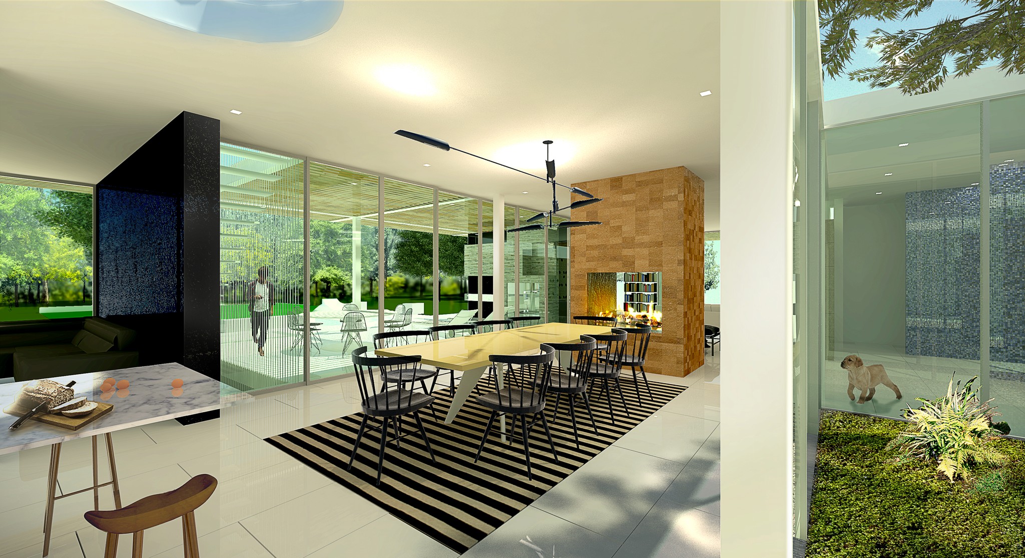 HAUS dining area: Interior view of the large dining space with full-height windows overlooking the garden.