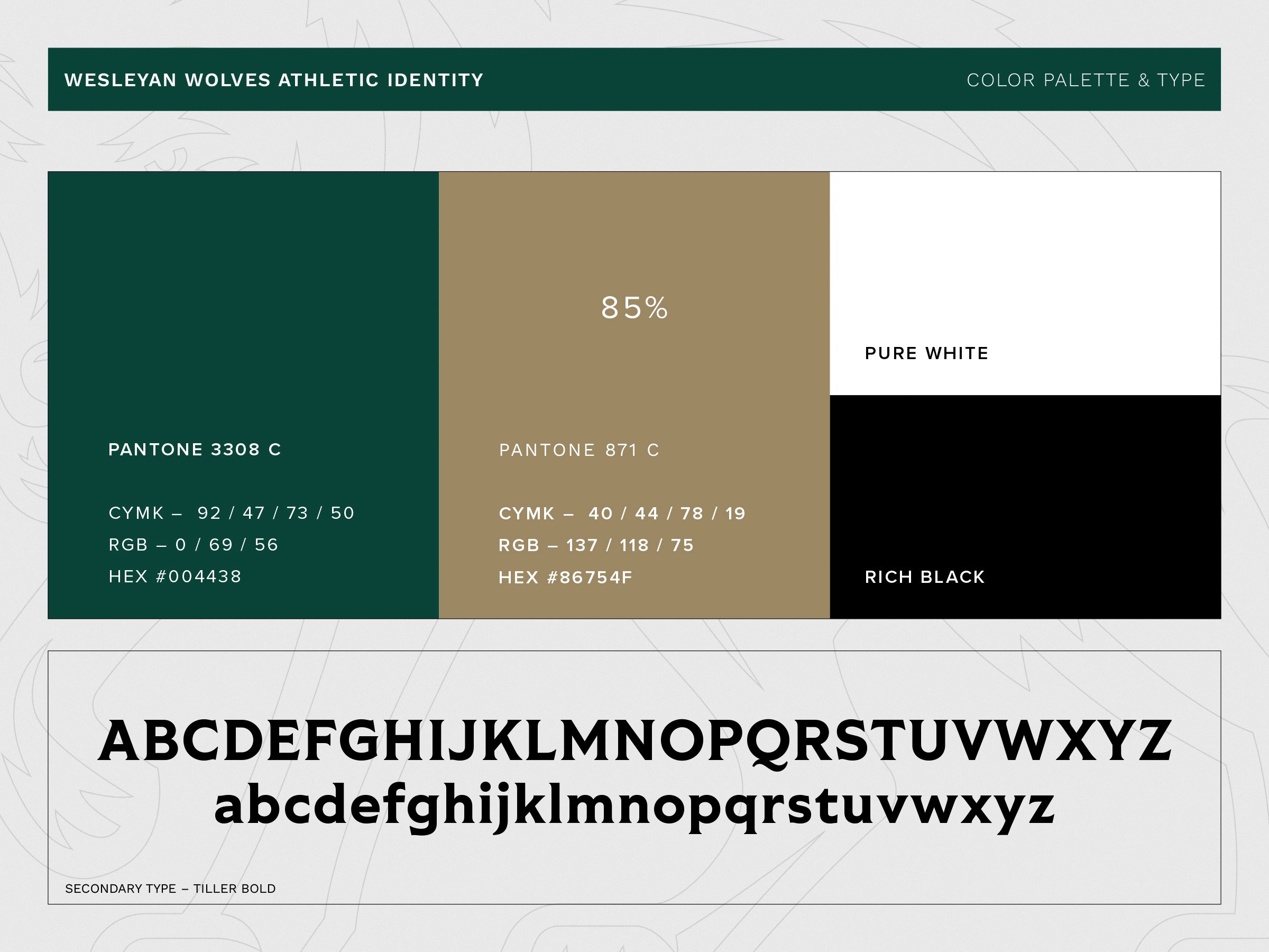 Wesleyan Wolves branded color palette and secondary typography.