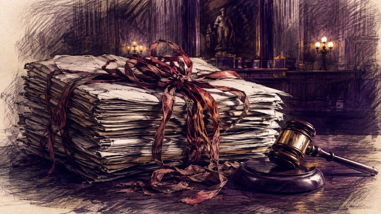A bundle of aging legal documents tied with ribbon beside a gavel in a courtroom, illustrating an estate plan headed for probate.