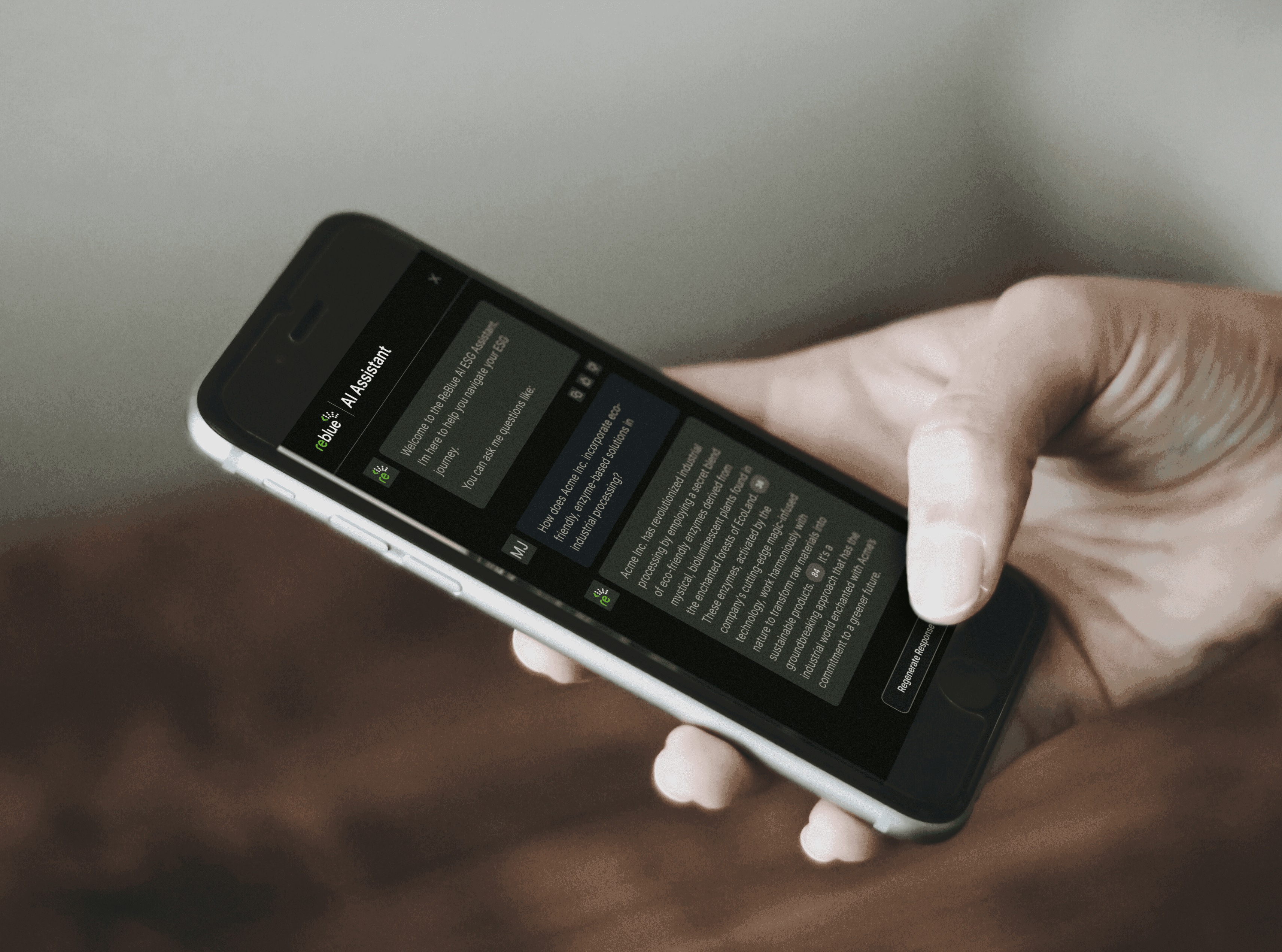 A user interacting with the Reblue AI Assistant on their phone