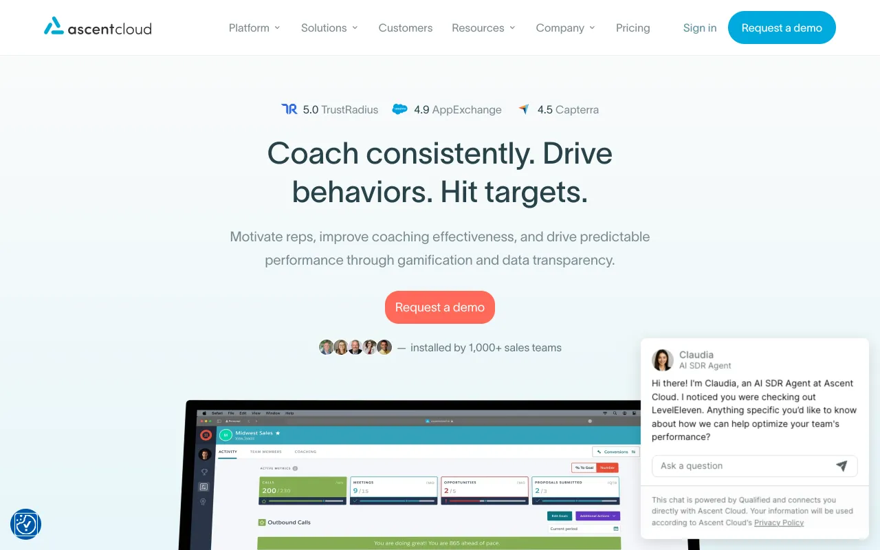 LevelEleven by Ascent Cloud homepage, Salesforce-native gamification and coaching