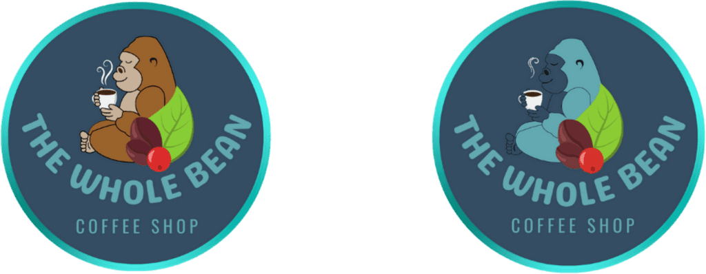 Circular logo variations showing two gorilla color options—warm brown on the left and cool teal on the right.