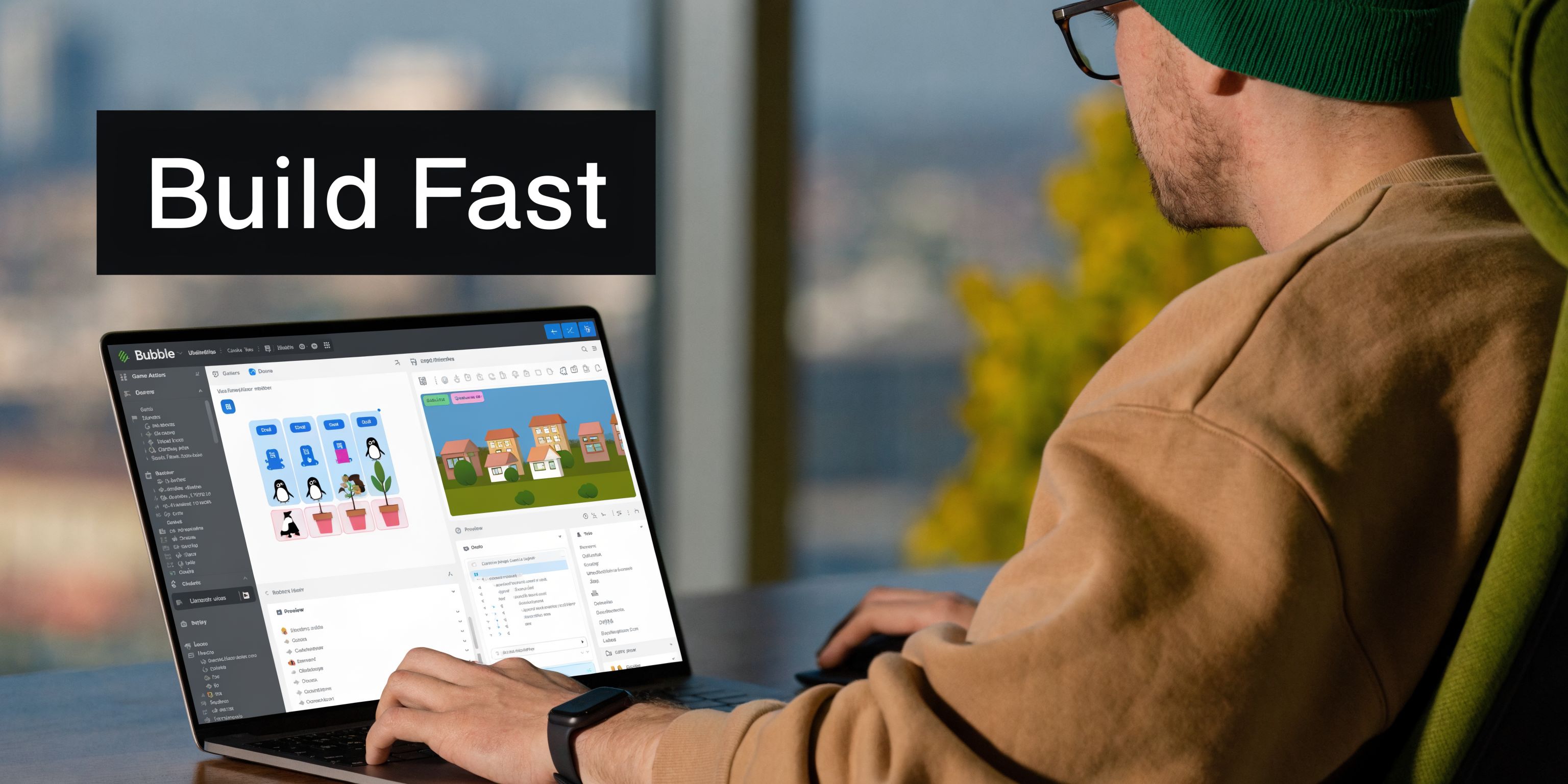A person working on game app design on a laptop with a view of a blurry city.