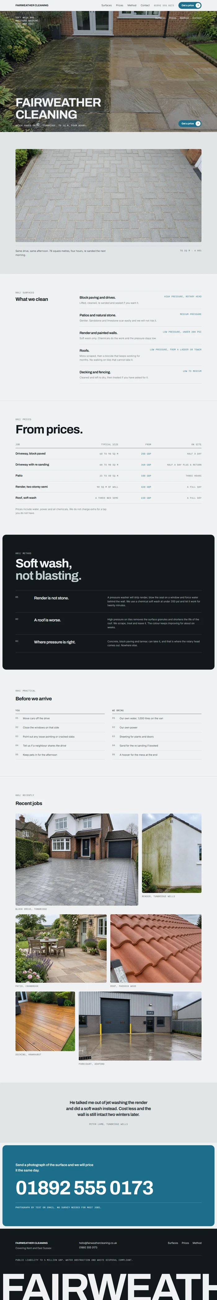Full page of an AI-generated pressure washing website with a half cleaned patio hero, a before and after driveway stripe, a surfaces list, a ruled price table, a dark soft wash method panel, a practical checklist, a recent jobs photo grid, a customer quote, a teal phone panel and a dark footer