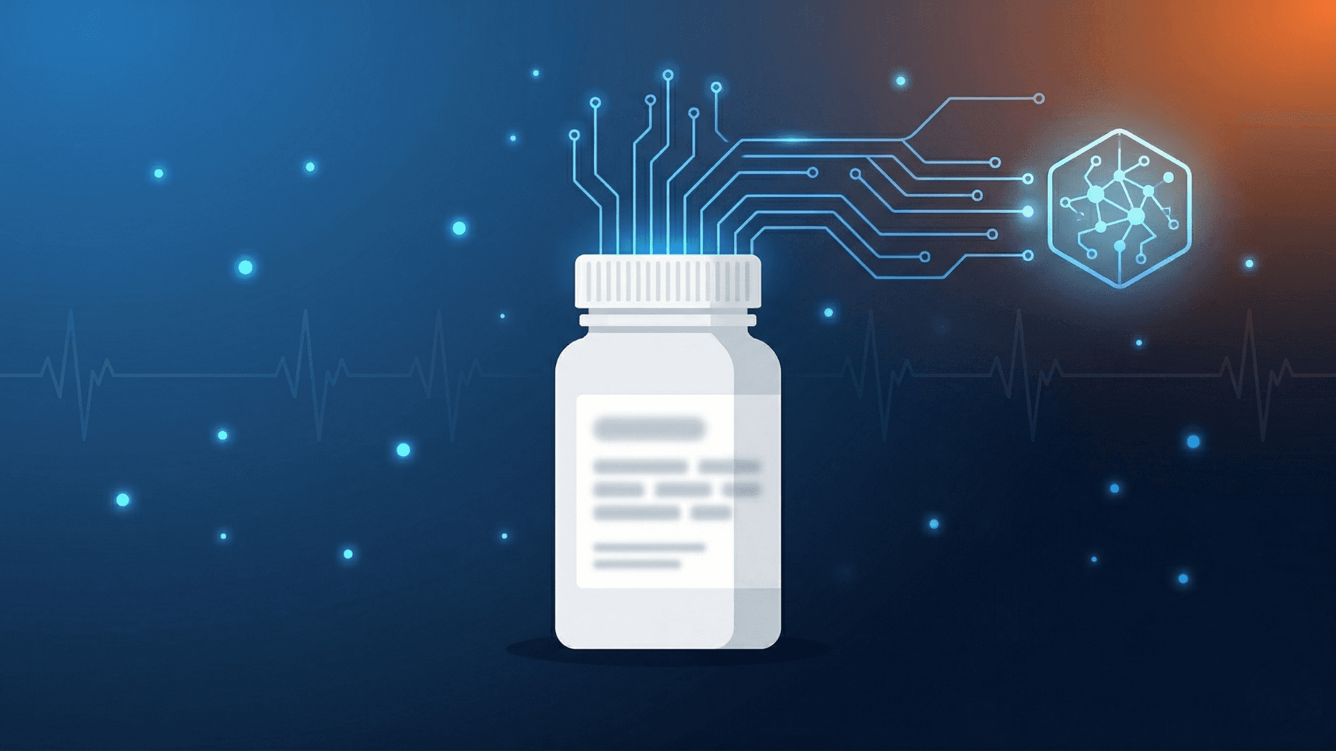 AIチャットボットと処方薬ボトルがデジタル回路で結ばれた概念イラスト。米ユタ州がAIによる精神科薬のリフィル処方を条件付きで承認したことを象徴している。