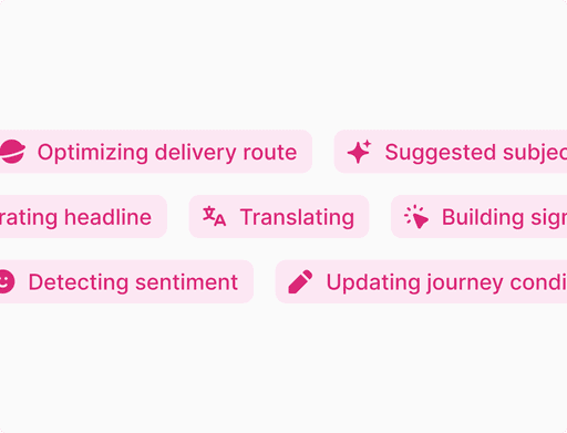 Automation tasks such as optimizing delivery routes, suggesting subjects, generating headlines, translating languages, building signals, detecting sentiment, and updating journey conditions, highlighting marketing automation features.