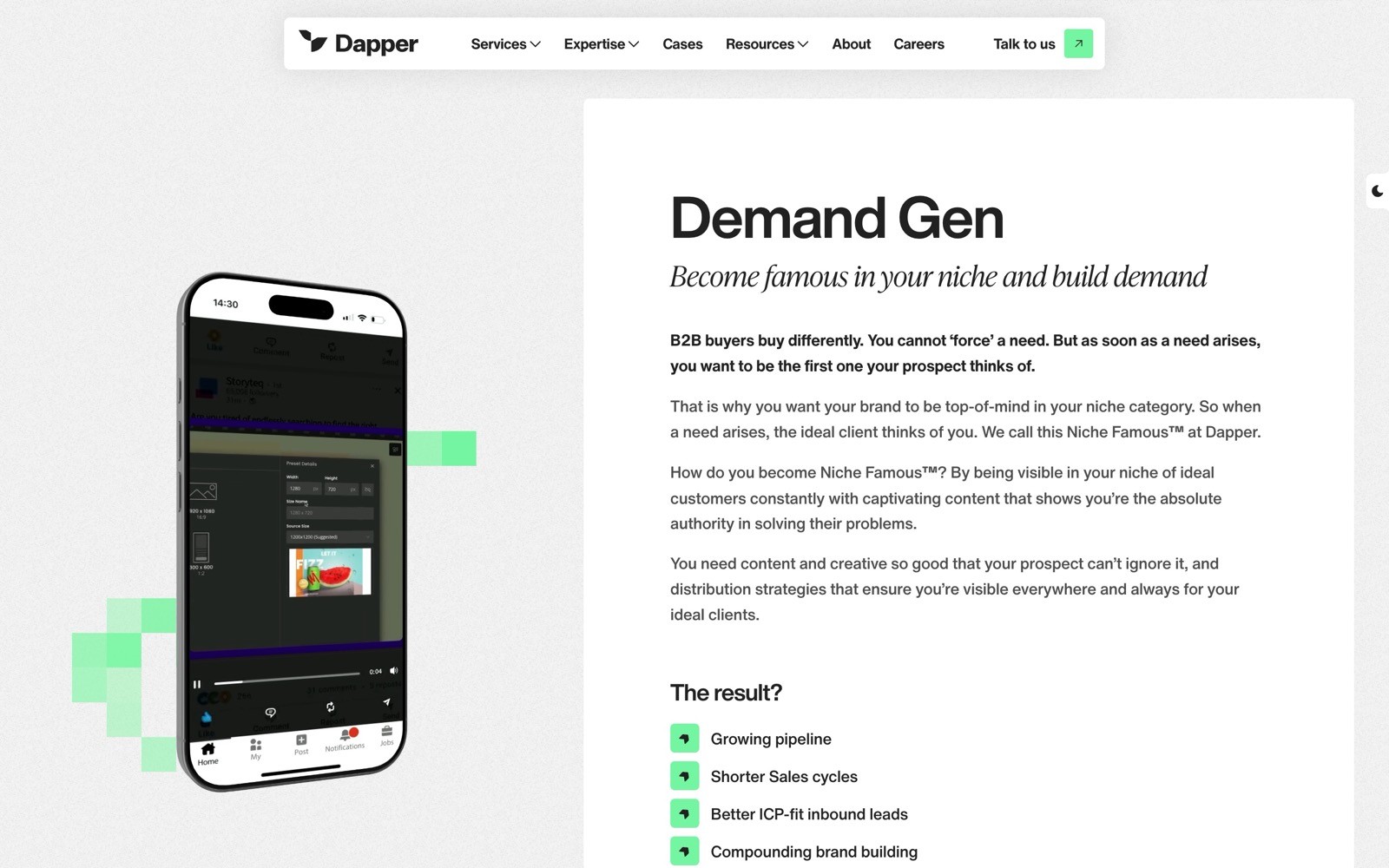 A smartphone displaying a graphic interface on a white background. Text reads "Demand Gen: Become famous in your niche and build demand.