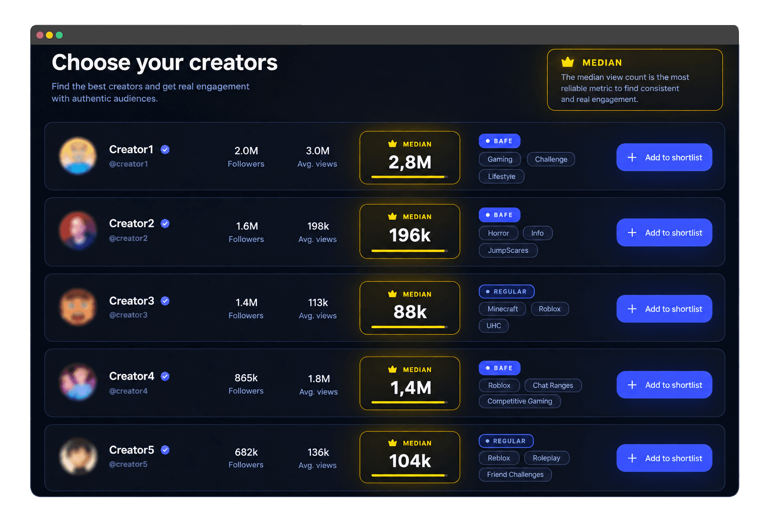 Empire Studio dashboard — choose your creators