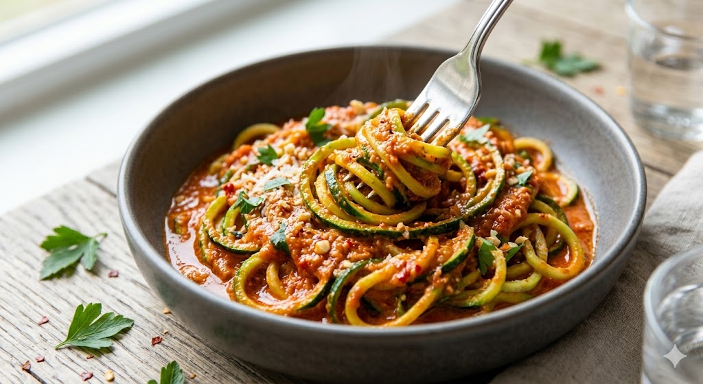 A close-up view of a bowl of zucchini noodles (zoodles) mixed with a rich red pesto sauce, garnished with parsley and red pepper flakes, with a fork twirling a bite.