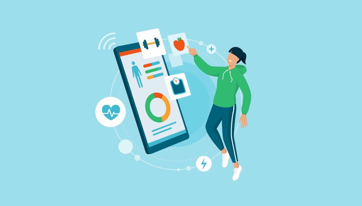 Illustration of a person interacting with a large smartphone displaying nutrition, fitness, and health‑tracking data, representing features of modern macro‑tracking apps.
