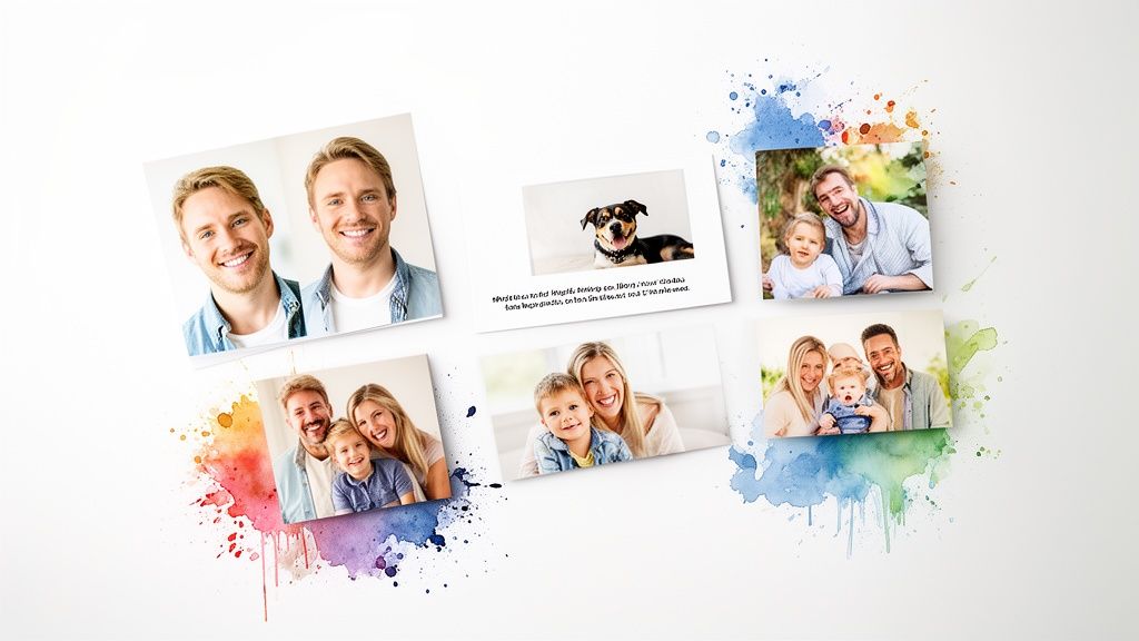A collection of happy family photos, including couples, children, and a dog, with colorful watercolor accents.