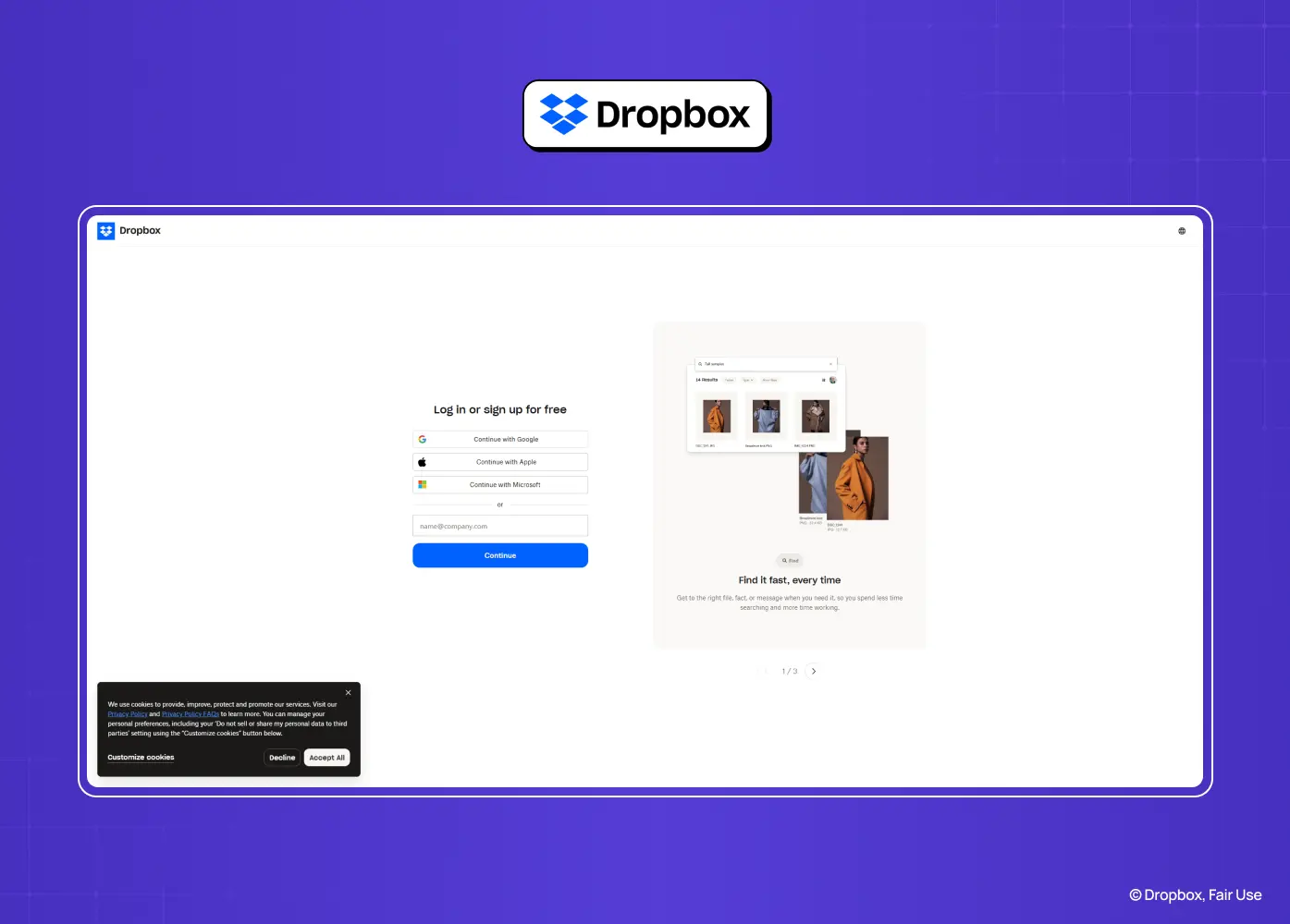 Dropbox sign-in page combining social login, email authentication, and a product preview to reinforce value before login.