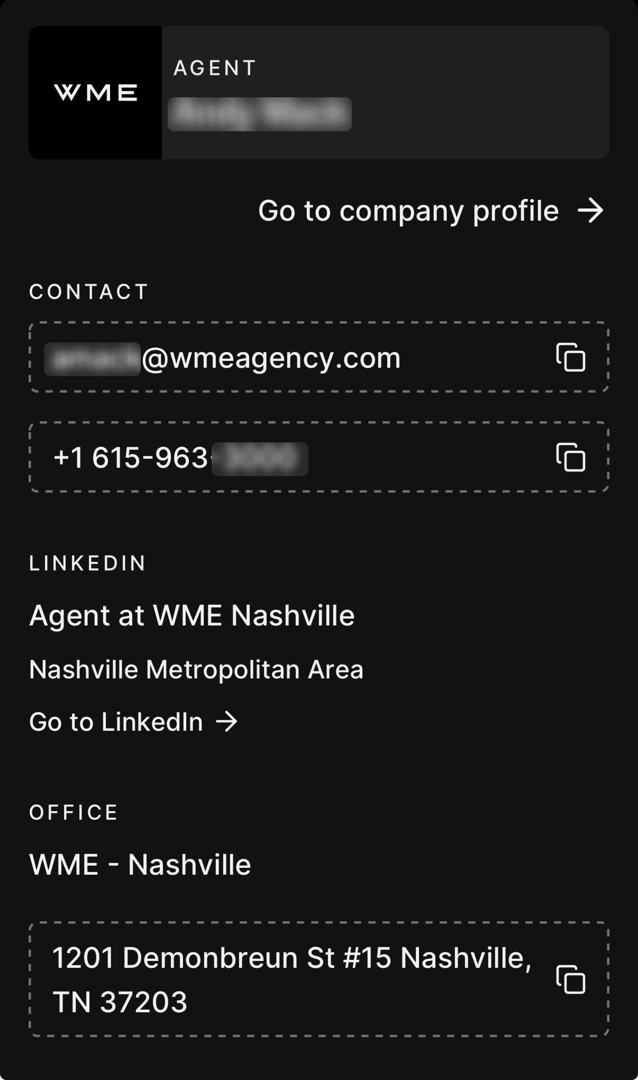 ROSTR contact details card for a WME agent showing email, phone number, LinkedIn profile, and office address in Nashville.