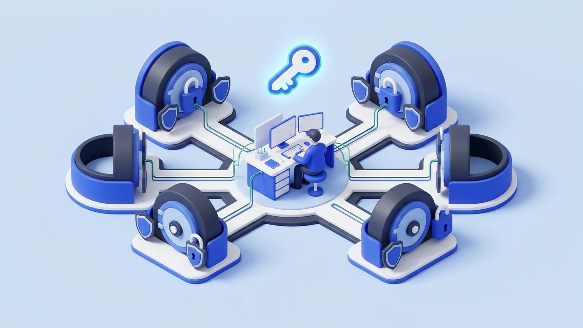3D illustration of security risks in multi-tenant IT support and privileged access