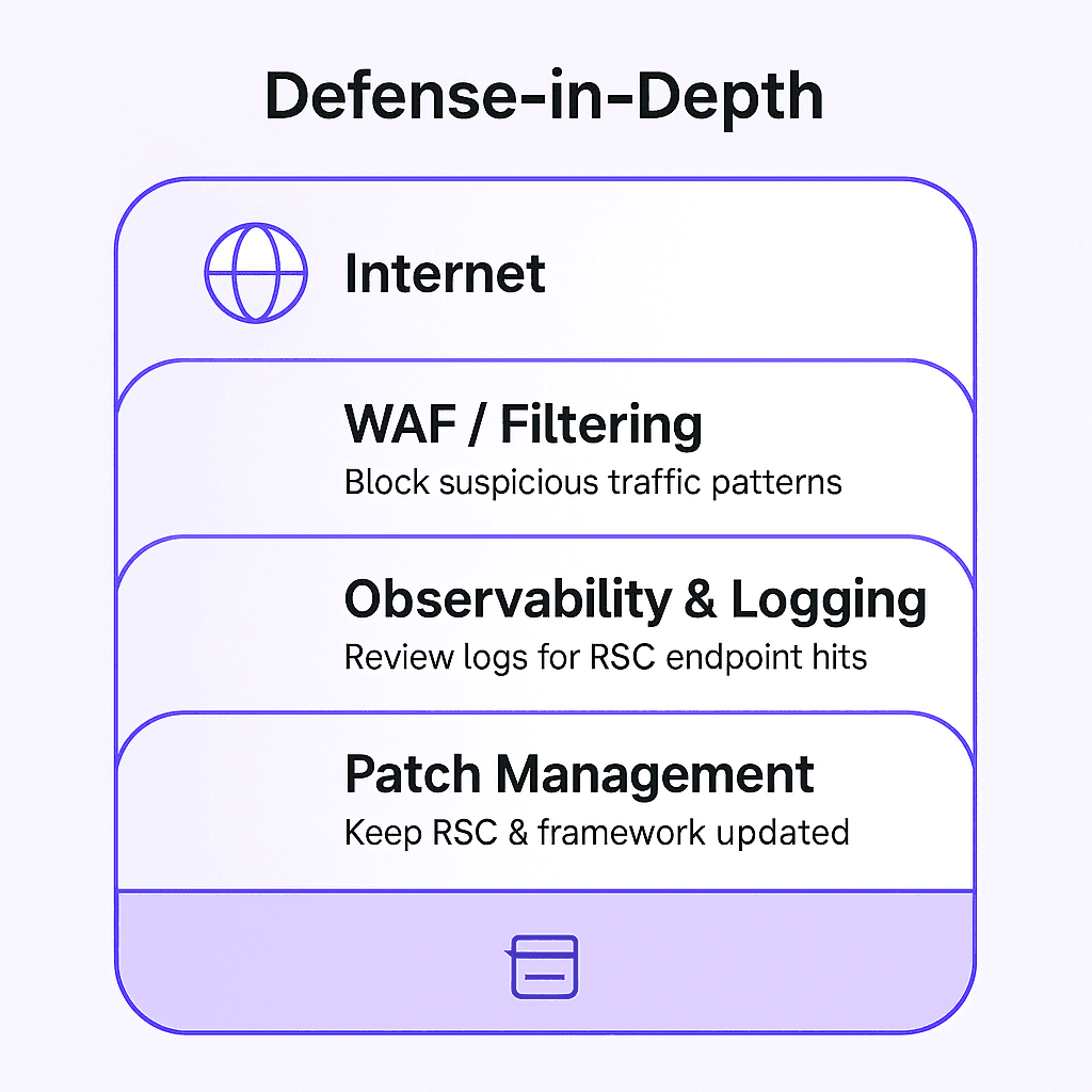Defense-in-depth diagram showing layered protections for React Server Components RCE (CVE-2025-55182), including WAF filtering, observability, logging, and patch management.