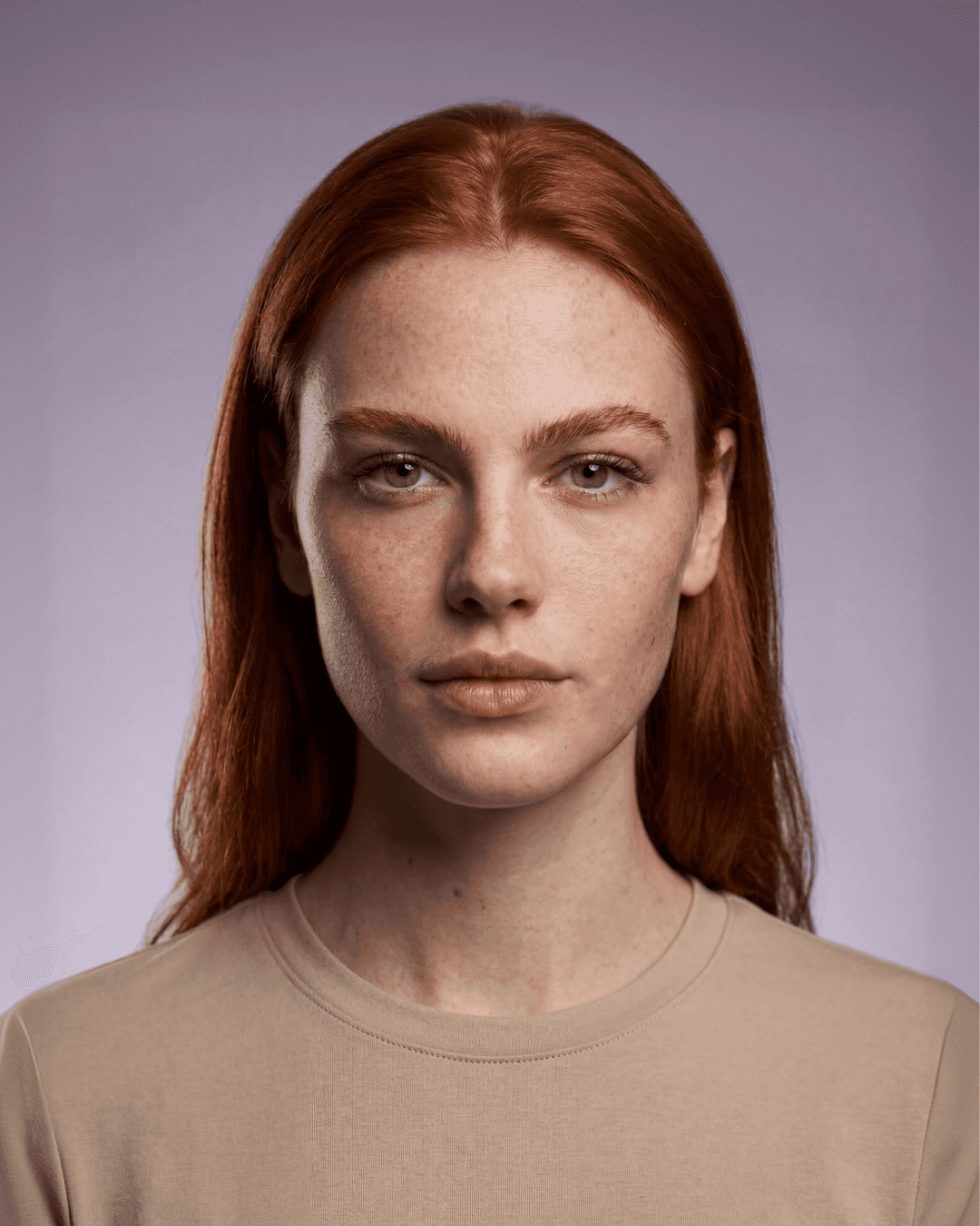 Maeve Rowan AI model portrait, red hair, freckles, natural studio look, Gemzy AI jewelry studio