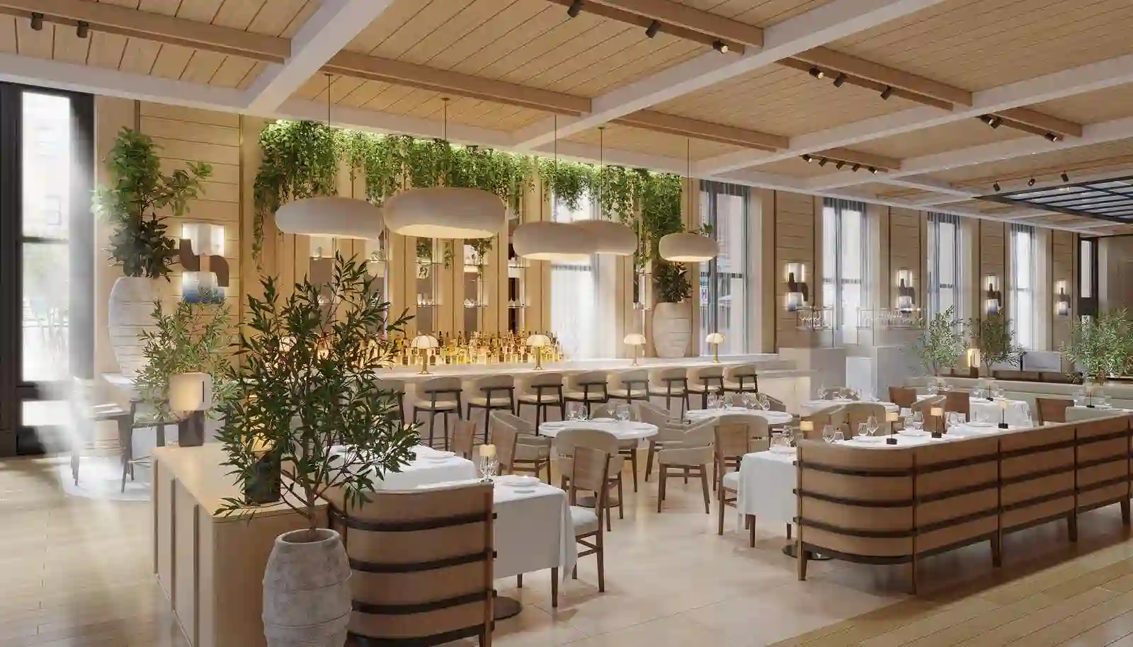 A modern dining area with wooden tables, white chairs, and greenery, featuring large windows and a bright ambiance.