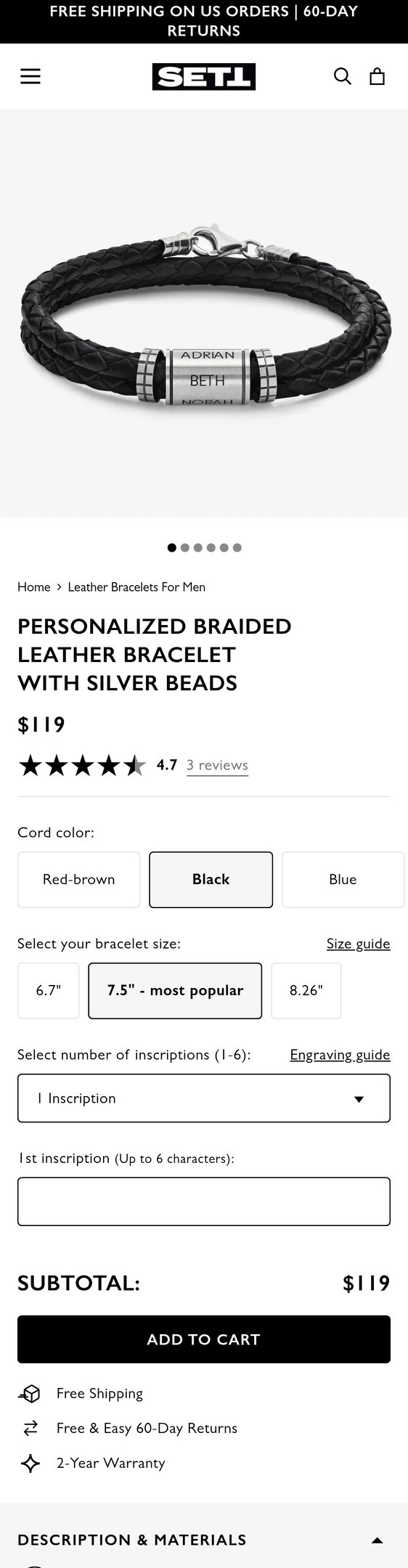 Jewelry product options include: bracelet for Personalized Braided Leather Bracelet with Silver Beads from SETT&Co.