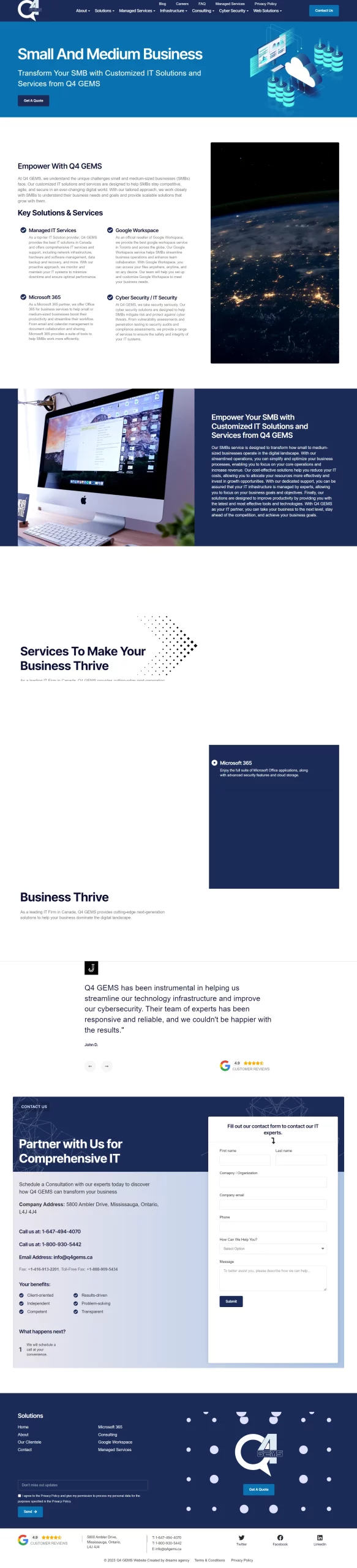 Small And Medium Business page for q4gems website developed & designed by Dreams Agency Mississauga, Ontario