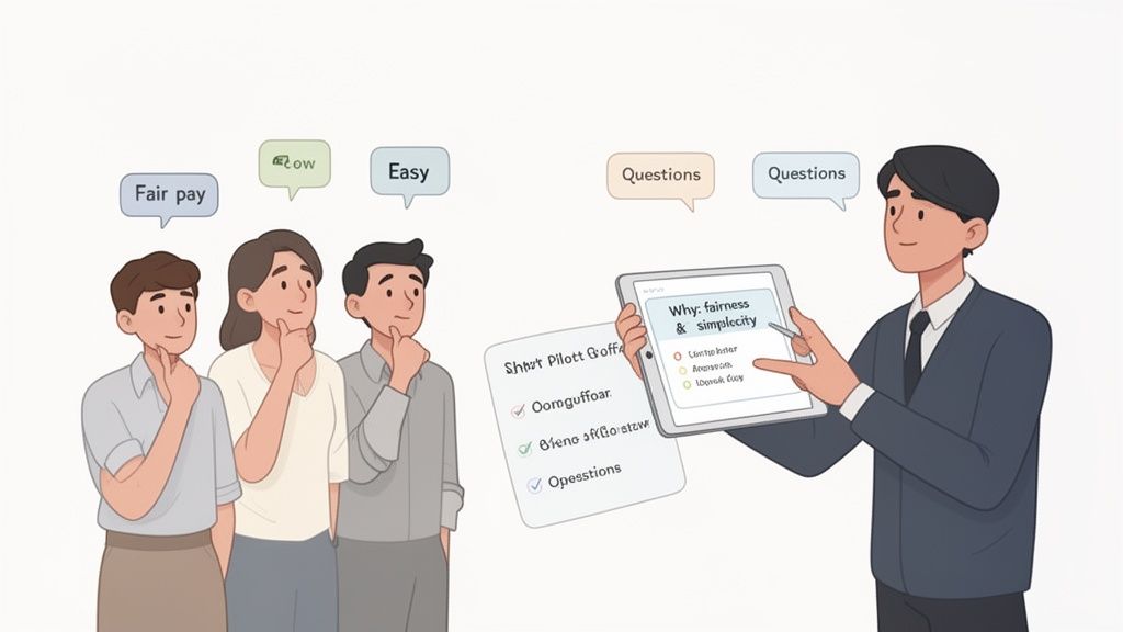 A presenter explains fairness and simplicity on a tablet to a group, discussing fair pay and ease.