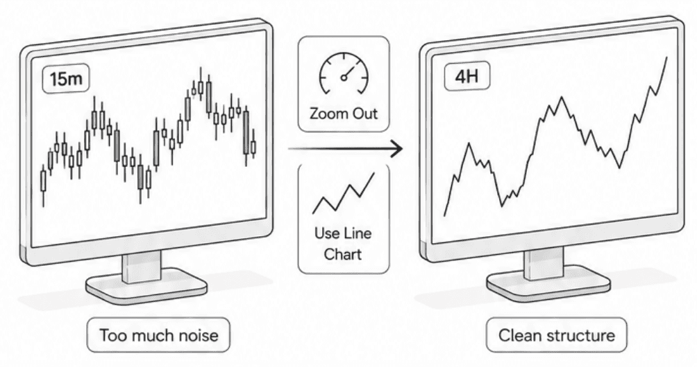 Two monitors, one on a 15 minute time frame and one on a 4H timeframe. The 4H timeframe uses a line chart