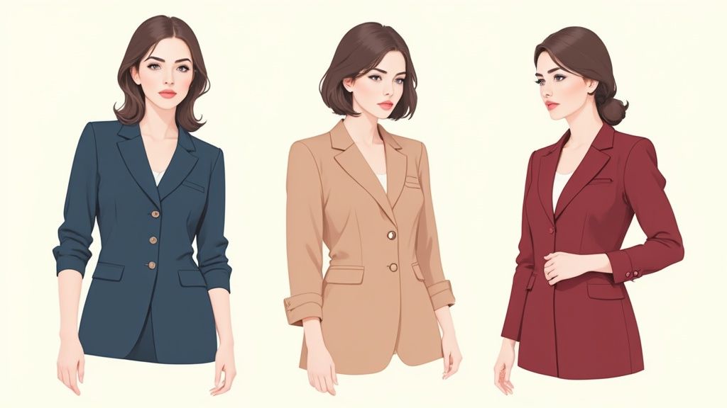 Eine Gruppe von Frauen in professioneller Business-Kleidung, die eine Vielfalt an Farben und Schnitten zeigt