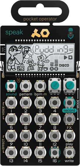 Teenage Engineering PO-35 Speak pocket operator, a black voice synthesizer with teal buttons and an LCD screen with sketchy graphics.