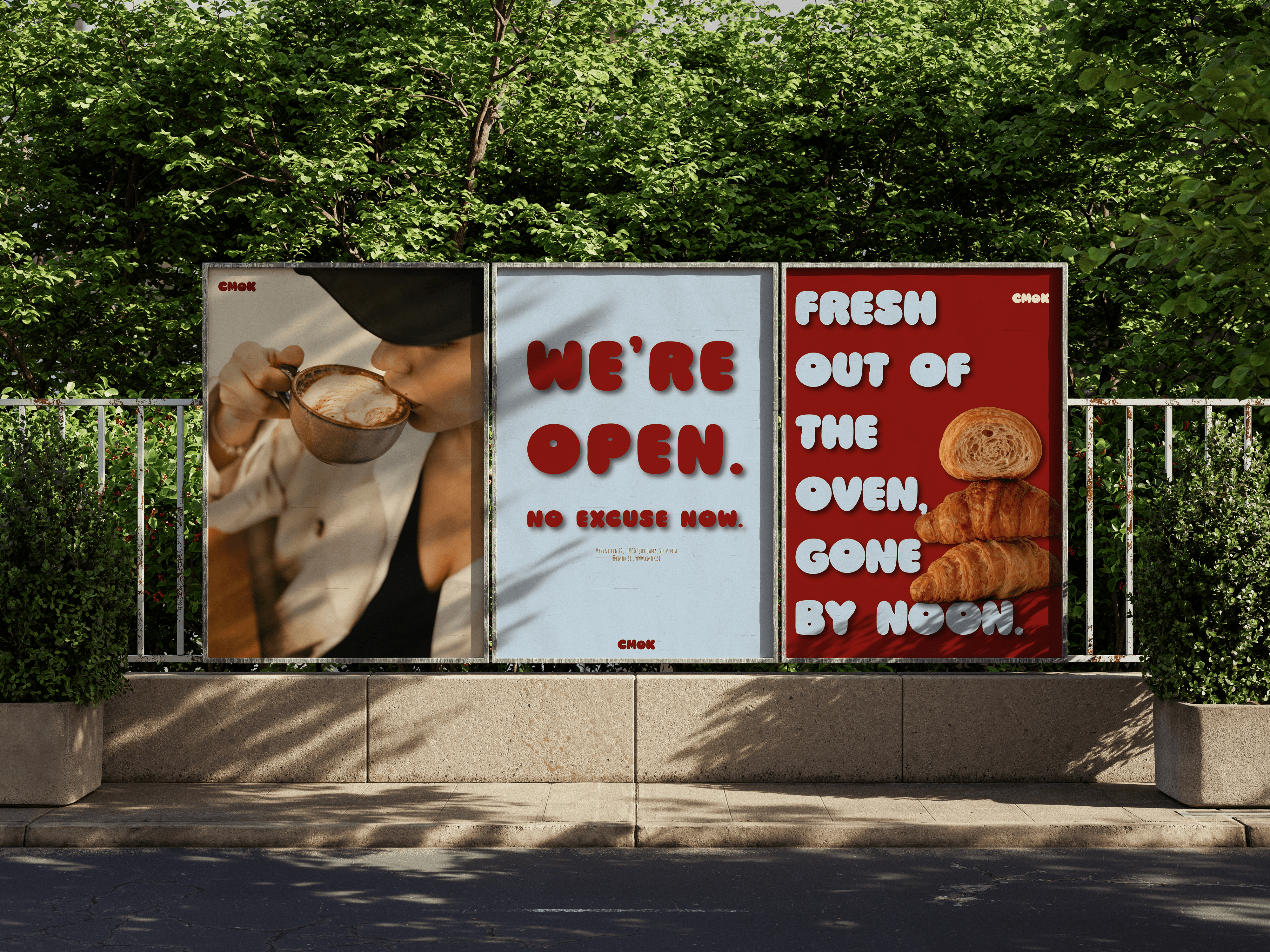 Three cmok posters reading "we're open, no excuse now" and "fresh out of the oven, gone by noon"
