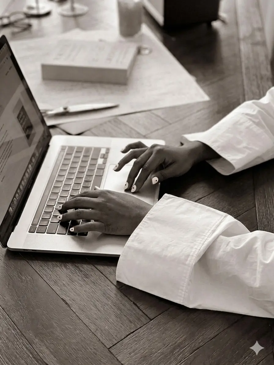 Close up black & white image of a ladys hands typing on a laptop