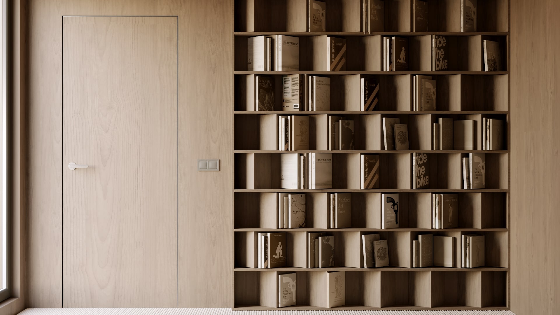 Modern built-in bookcase with books and flush door with a minimalist design for home library or office.