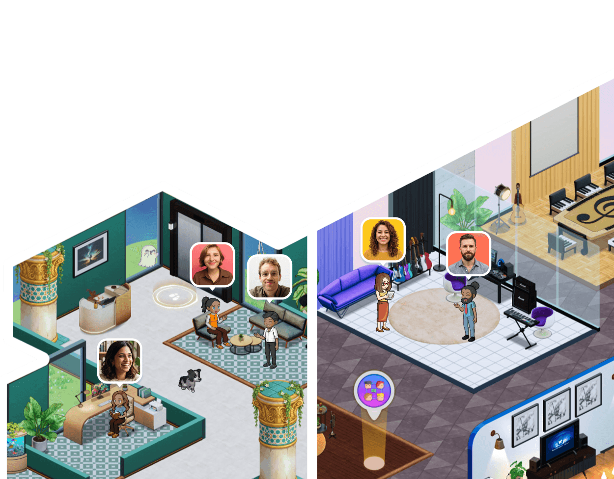 SoWork virtual office floor plan featuring a designated Gym area with equipment, an Art & Design studio, and a team coworking lounge with avatars and indoor plants.