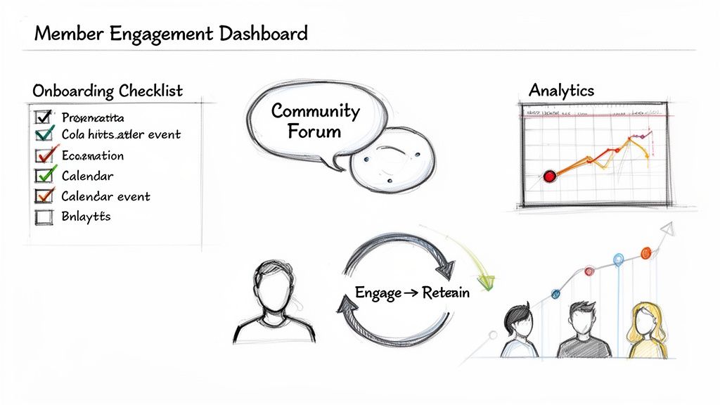 A hand-drawn sketch of a member engagement dashboard showing onboarding, community, analytics, and retention.