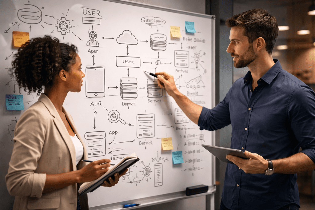 two professionals reviewing a whiteboard with flowcharts and diagrams