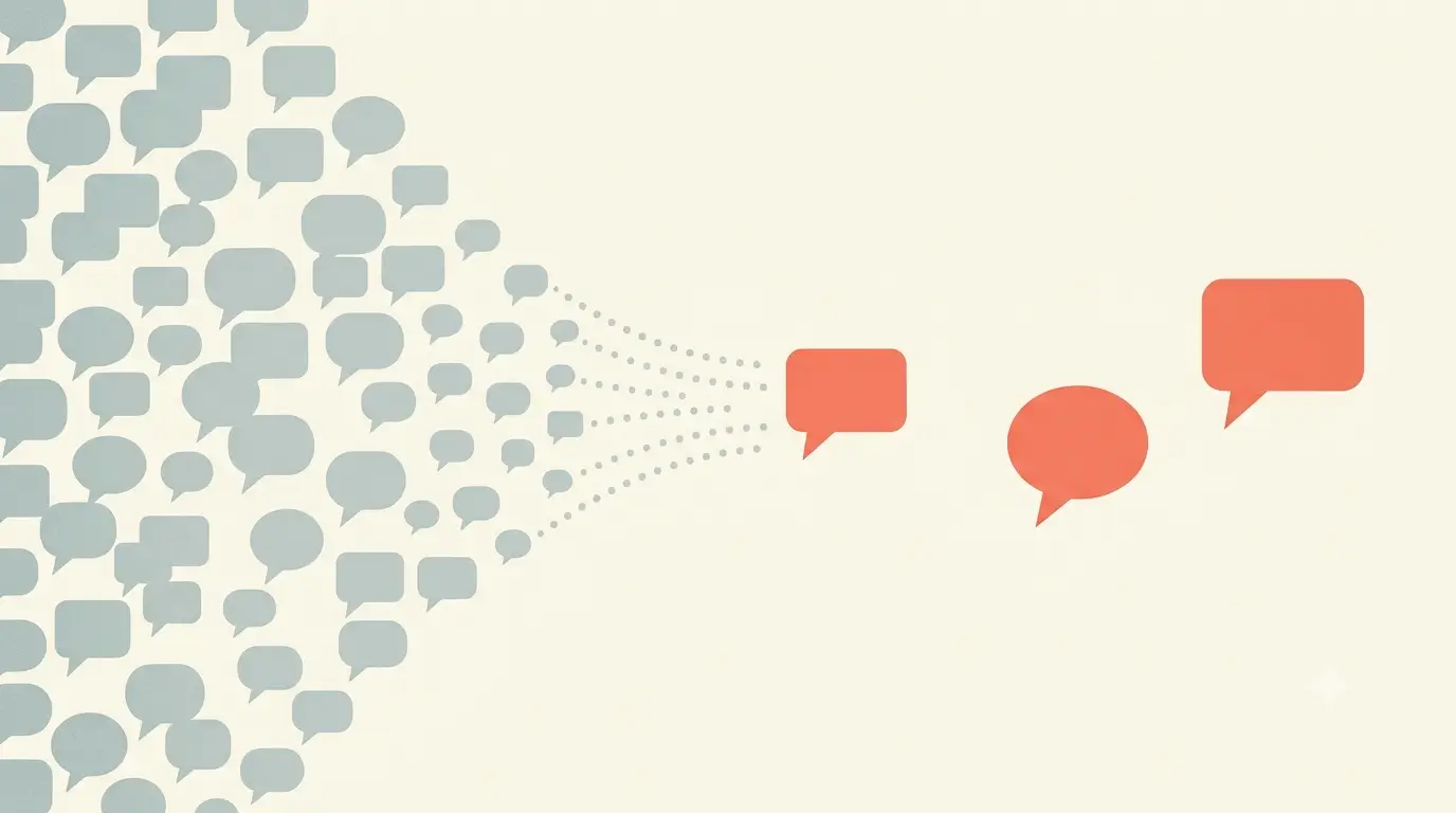An illustration of many question bubbles narrowing down to a few, showing routine questions being answered before they reach a person.