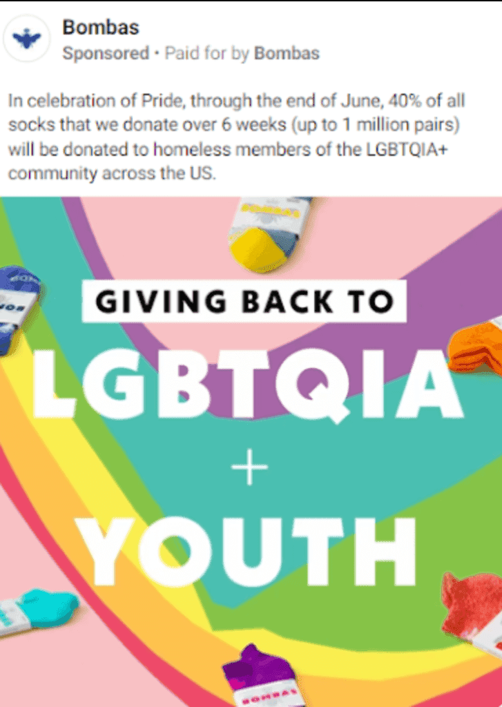 Bombas' Facebook advertisement celebrating Pride Month.