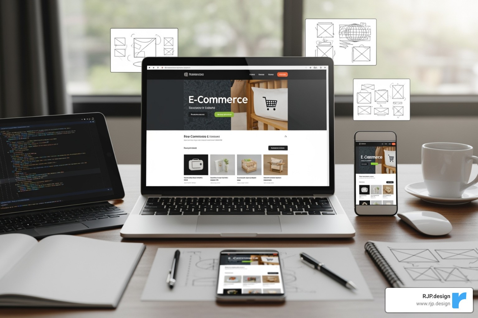 Illustration contrasting the visible parts of a website (frontend) with the underlying server and database operations (backend) - e-commerce website development