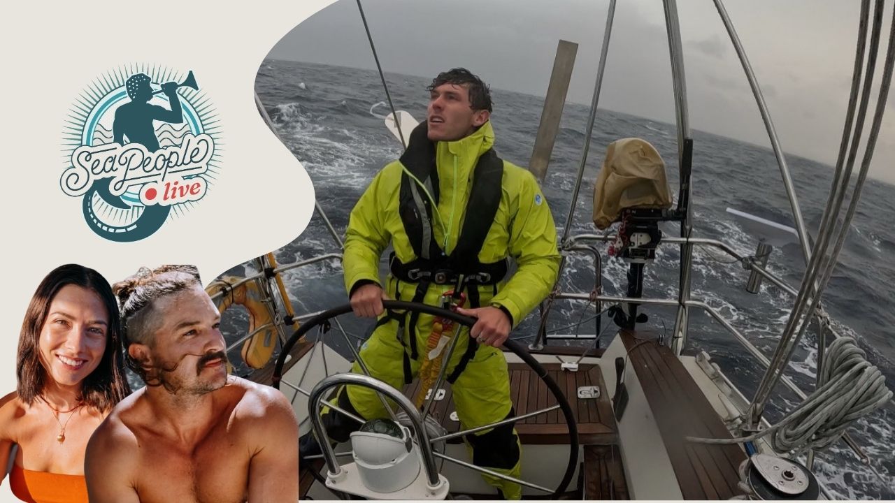 Noa Hopper sailing offshore in rough seas during an episode of SeaPeople Live with hosts Riley and Elayna from Sailing La Vagabonde.