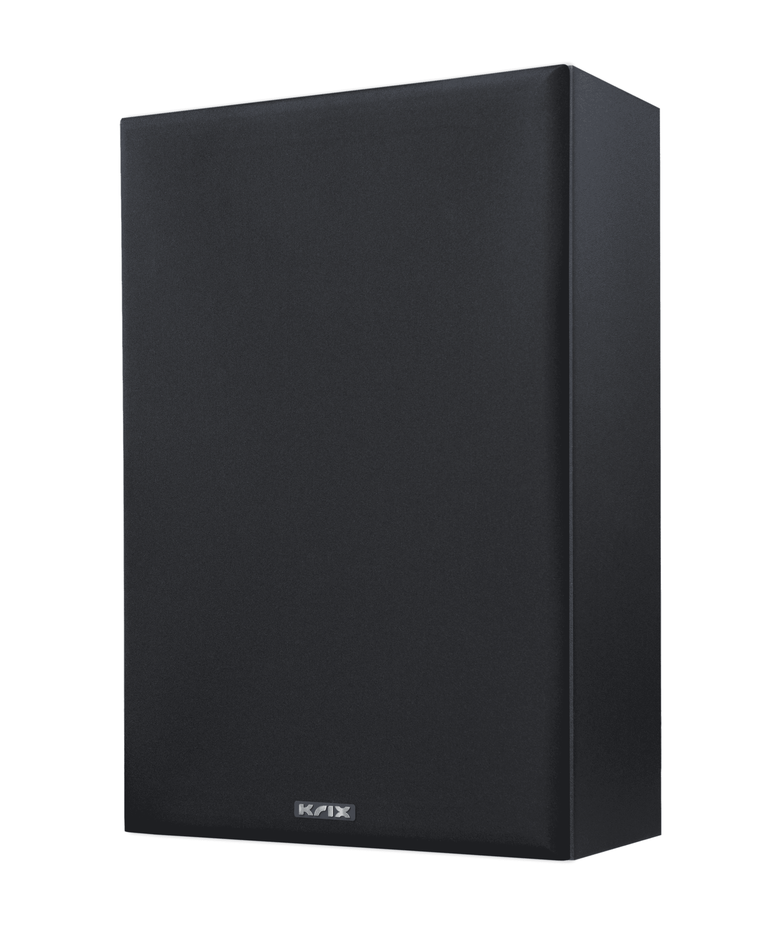Black speaker with silver logo on white background