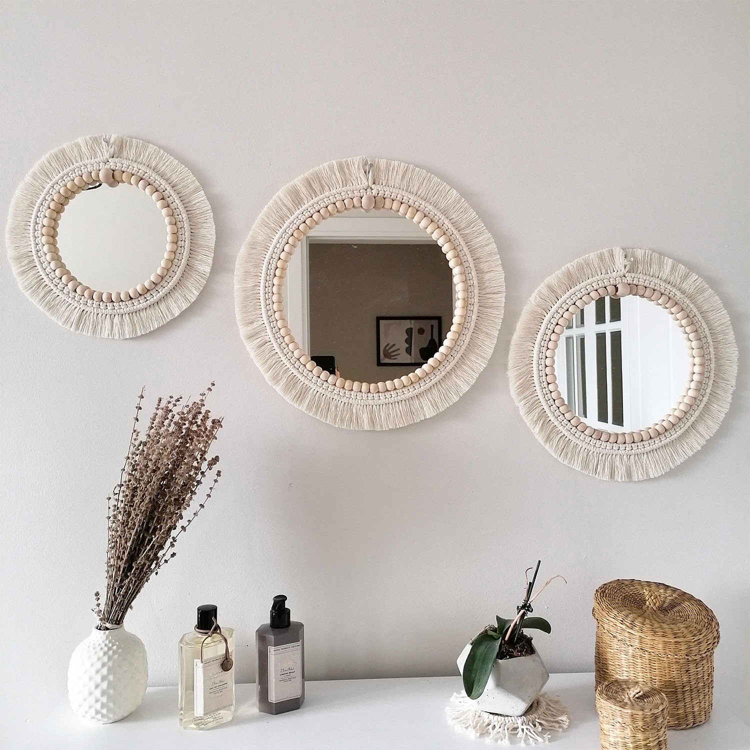 Set of three round macramé wall mirrors with beads