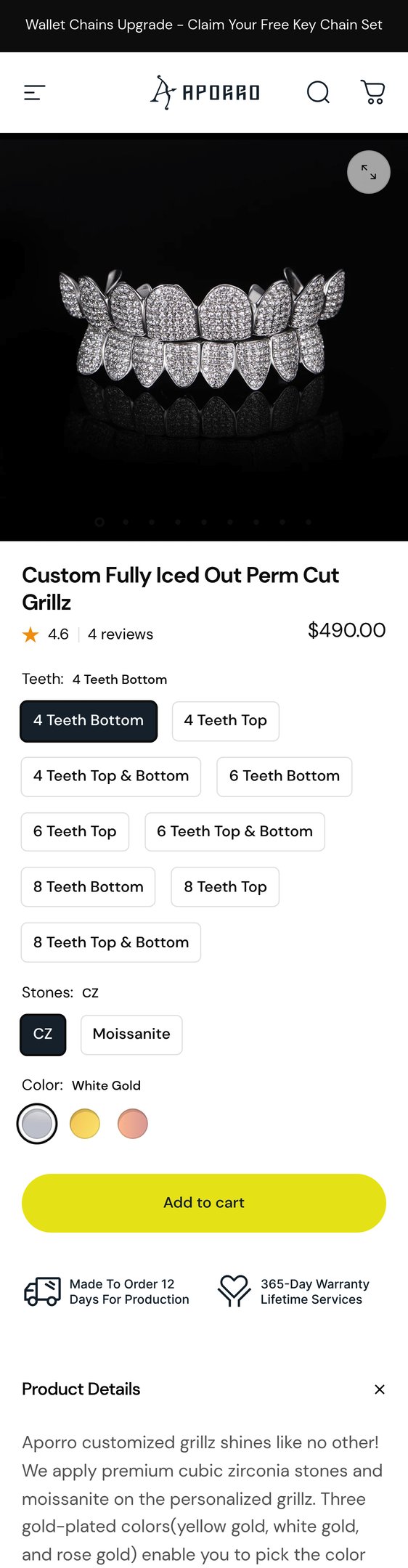 Jewelry product options include:  for Custom Fully Iced Out Perm Cut Grillz from APORRO.