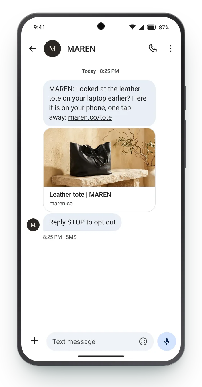 Picking up on the phone browse abandonment text on an Android phone