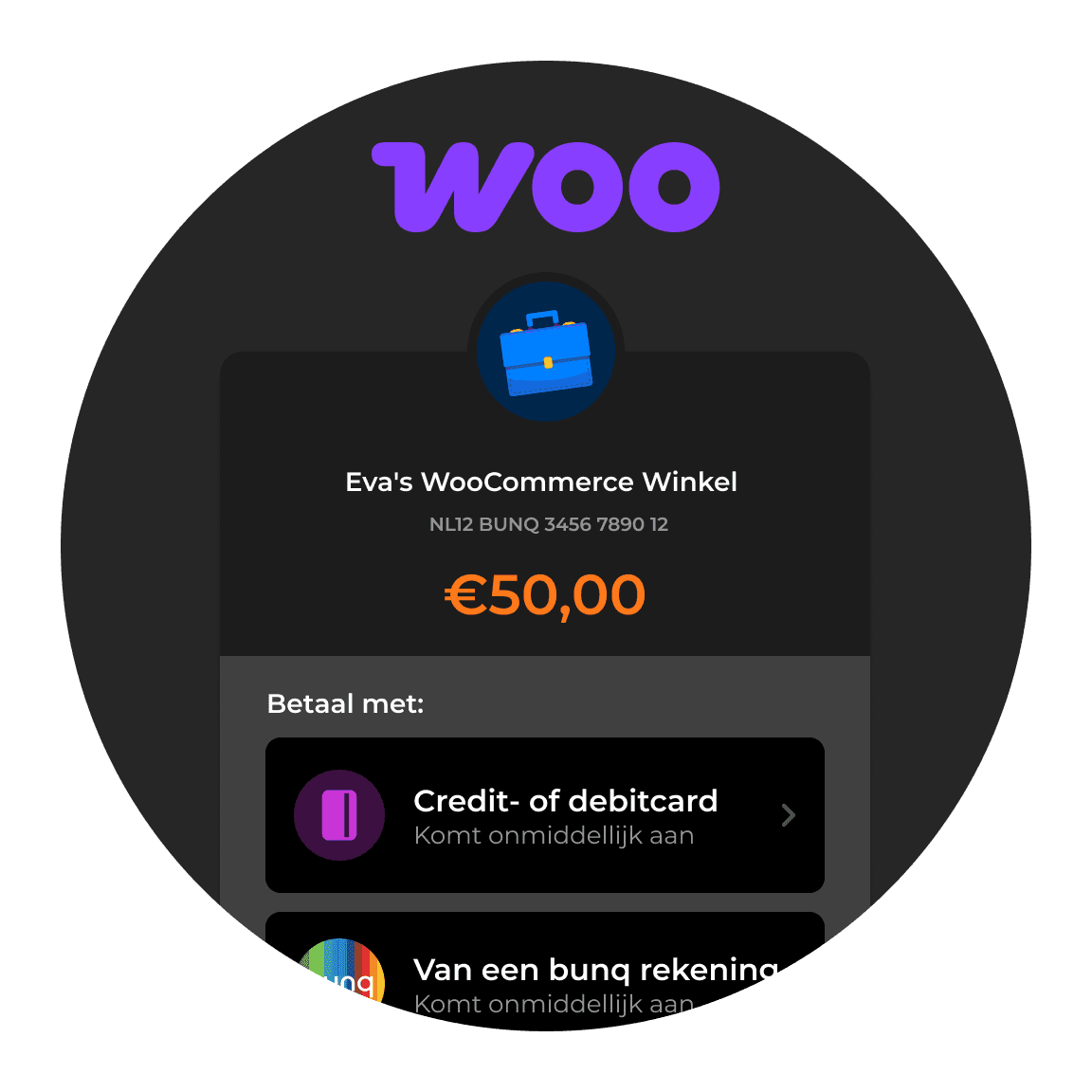 Circular graphic featuring the word "Woo" and a payment interface displaying €10. Options to pay via credit card shown.
