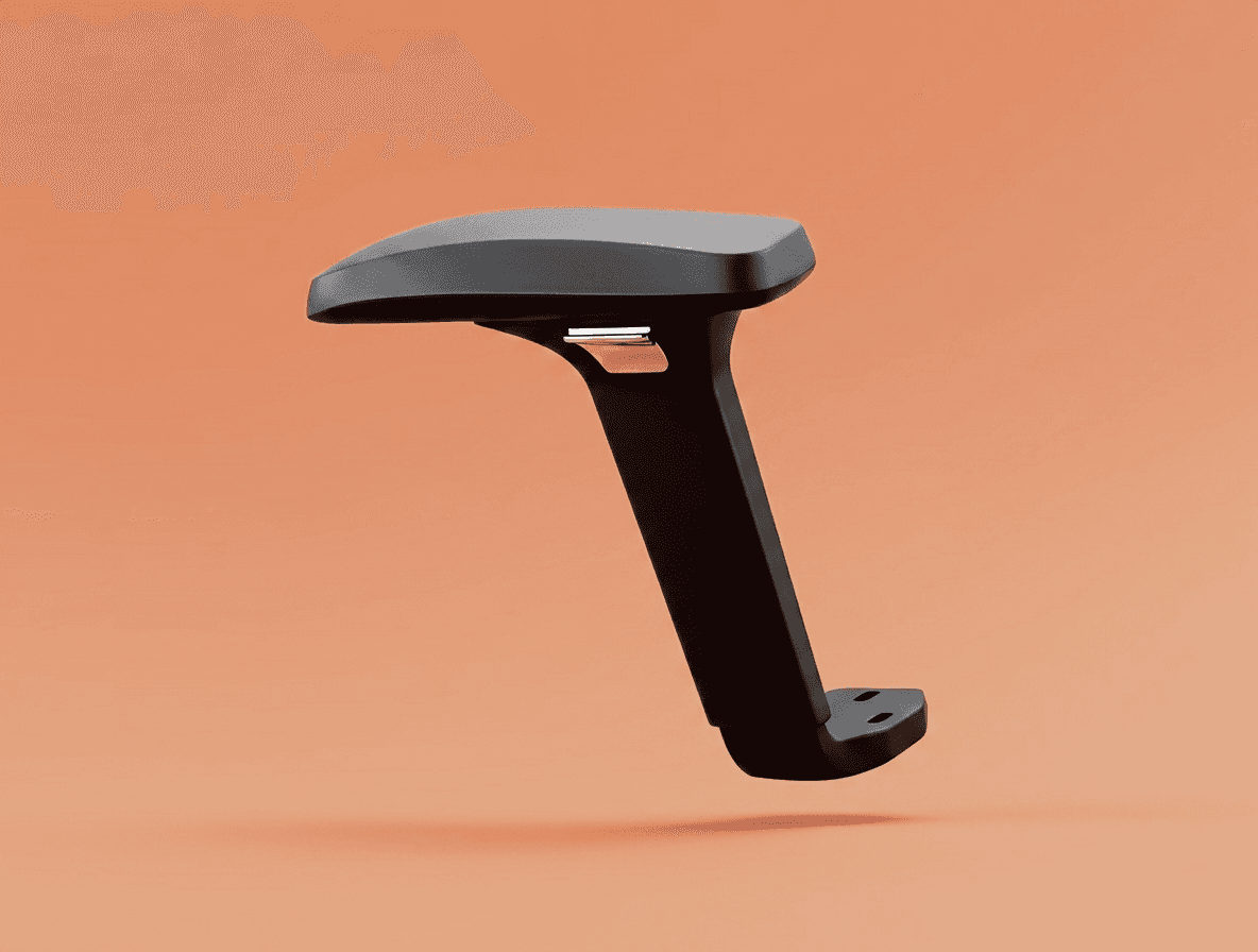 A sleek, ergonomic office chair armrest component from SingOFai Furniture, finished in matte black. The design features a broad, contoured top pad for forearm support and a streamlined vertical pillar that curves at the base for secure attachment to a chair frame. A discreet metallic adjustment lever is visible under the pad, suggesting height or depth functionality. The component is presented in a minimalist studio setting against a soft, terracotta-colored background, emphasizing its clean lines and professional build quality.