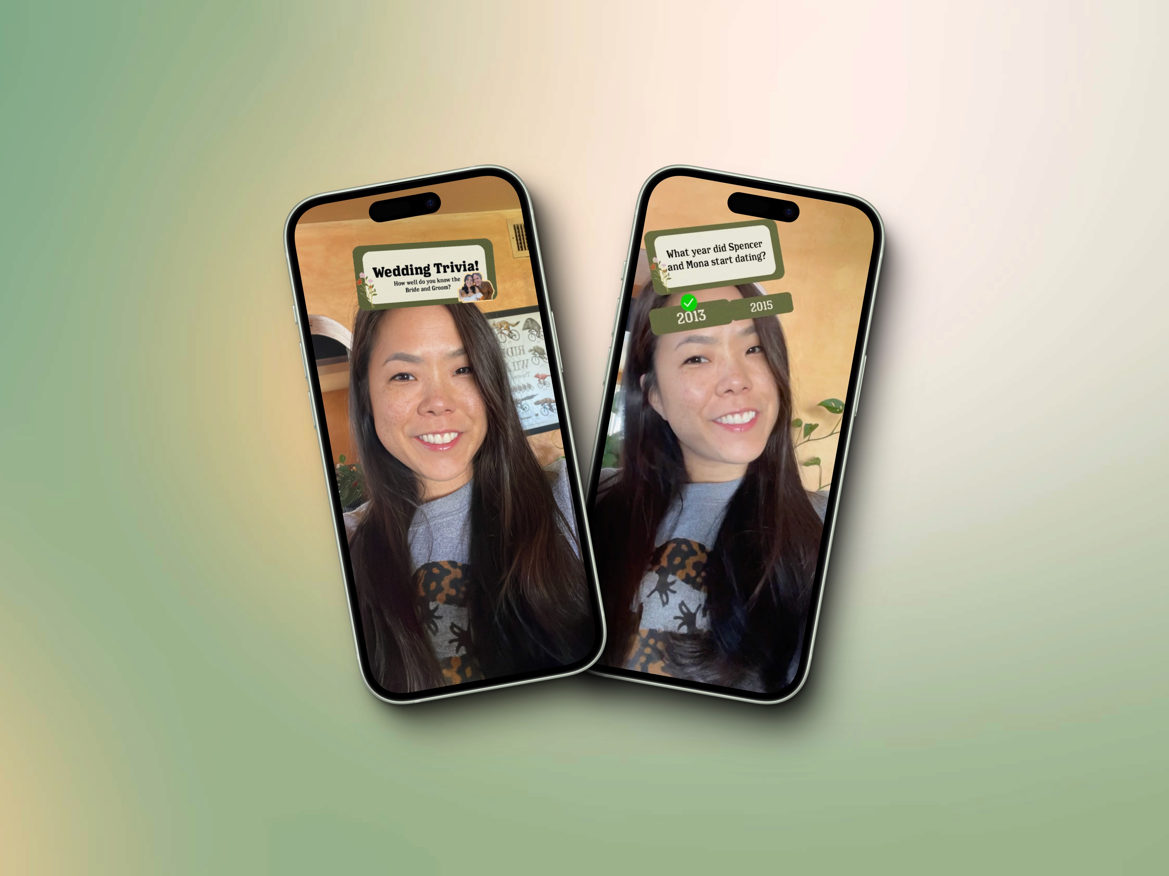 Photo of 2 iphones with a girl smiling into the camera	