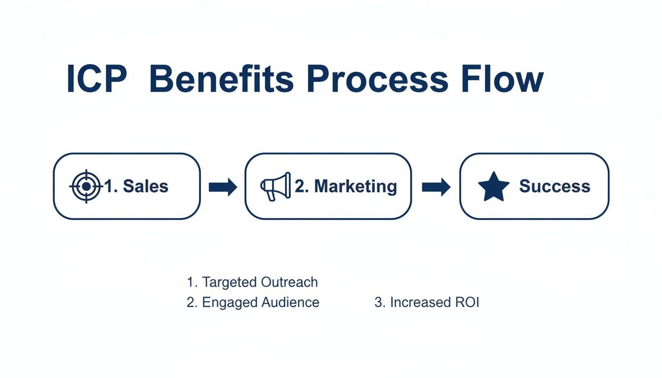 A process flow diagram showing ICP benefits from Sales to Marketing to Success, leading to targeted outreach, engaged audience, and increased ROI.