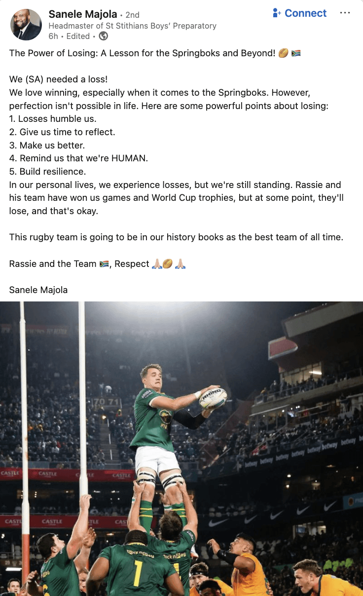 Screen grab from Sanele's LinkedIn post on the Springbok's loss to the Wallabies.