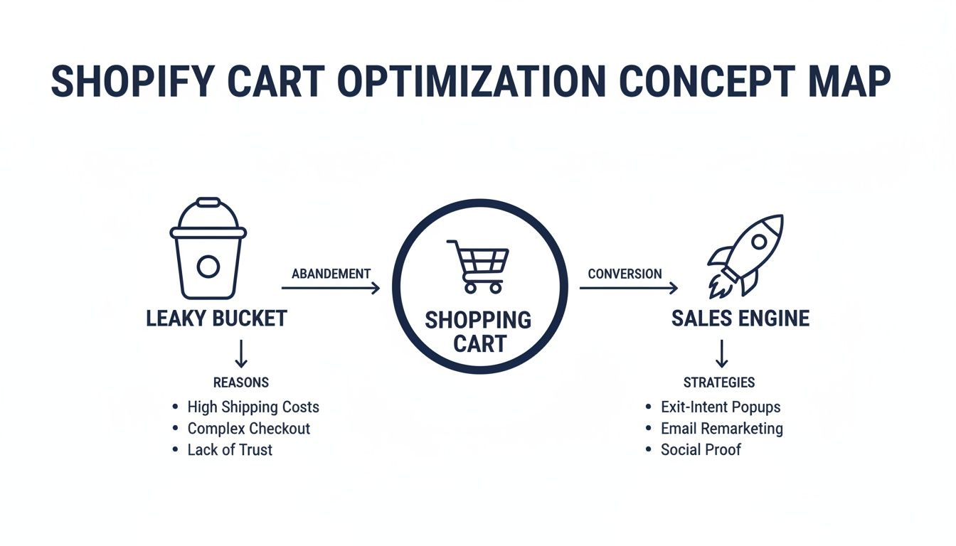 A Shopify cart optimization concept map illustrating abandonment reasons and conversion strategies for a sales engine.